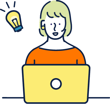 パソコンの前に座っている女性がひらめいているイラスト